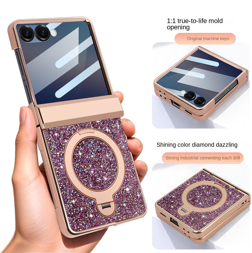 For Samsung Galaxy Z Flip 7/6 phone case, sparkling diamond design, with magnetic stand, anti-peeping tempered film