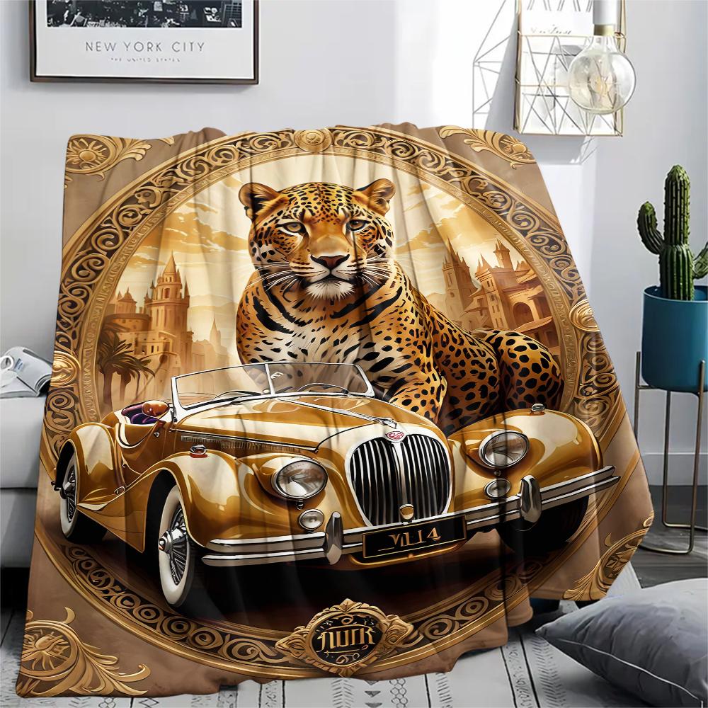 1Pc Leopard and Car Print Flannel Blanket, High Quality Comfortable for All Seasons, Home Decor, Warmth and Comfort, Perfect for Gifts