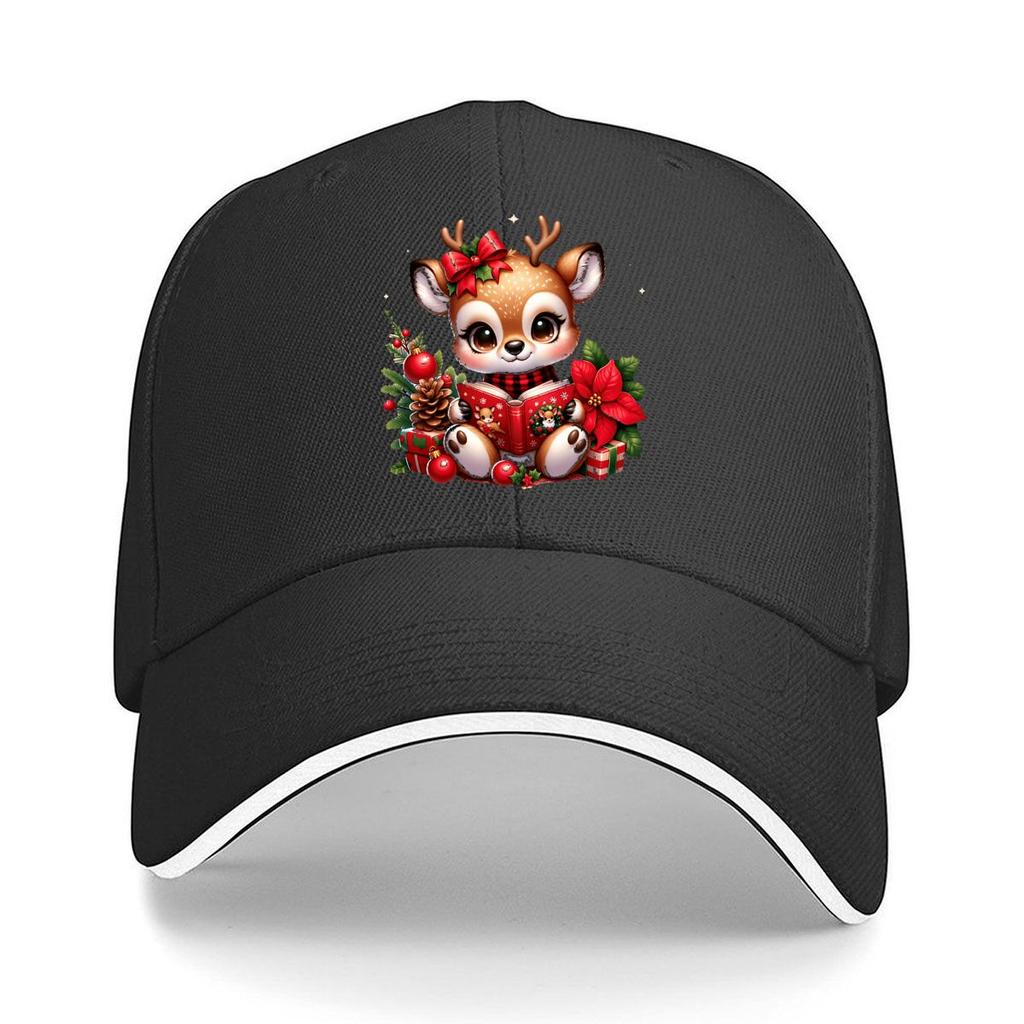 Cute Christmas Reindeer Reading Book Holly Poinsettia Gift Sandwich Baseball Cap Unisex Women Sun Cap Outdoor Workouts Hat