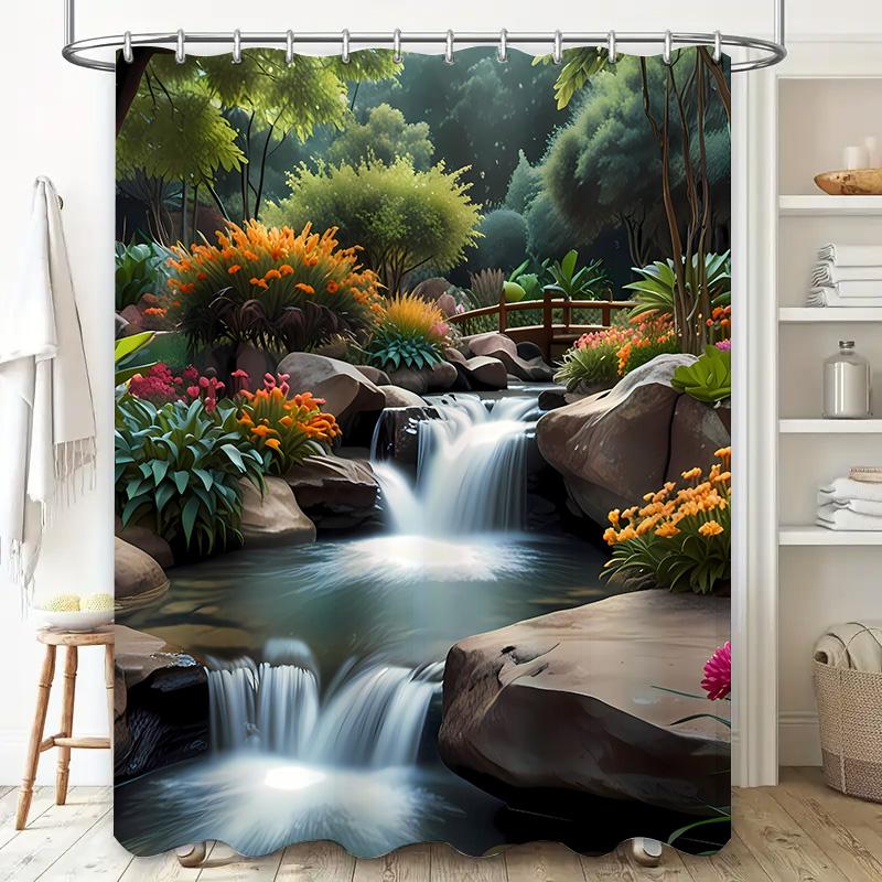 3D Printed Shower Curtain Garden Waterfall Design with Vivid Flowers Rockery Waterproof Bath Decoration for Home Decorations.
