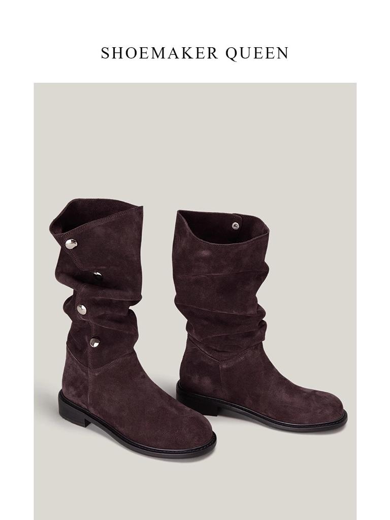 Niche Button Foldable Slim Pile Boots But Knee Leather Boots Two Wear Women's Medium Tube Knight Boots Long Tube Martin Boots