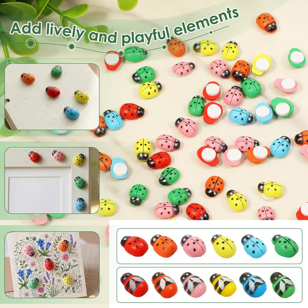 100Pcs Mini Wooden Ladybug Bee Self-adhesive Sticker Children Painted DIY Craft Fairy Garden Figurine Miniature Home Party Decor