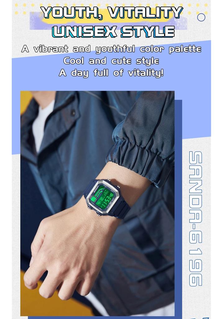 SANDA 6196 Digitale Herrenuhr Silikonarmband Quadratische Elektronische Uhr LED-Alarm Countdown Dualzeit Wasserdicht Sport Freizeit Uhr