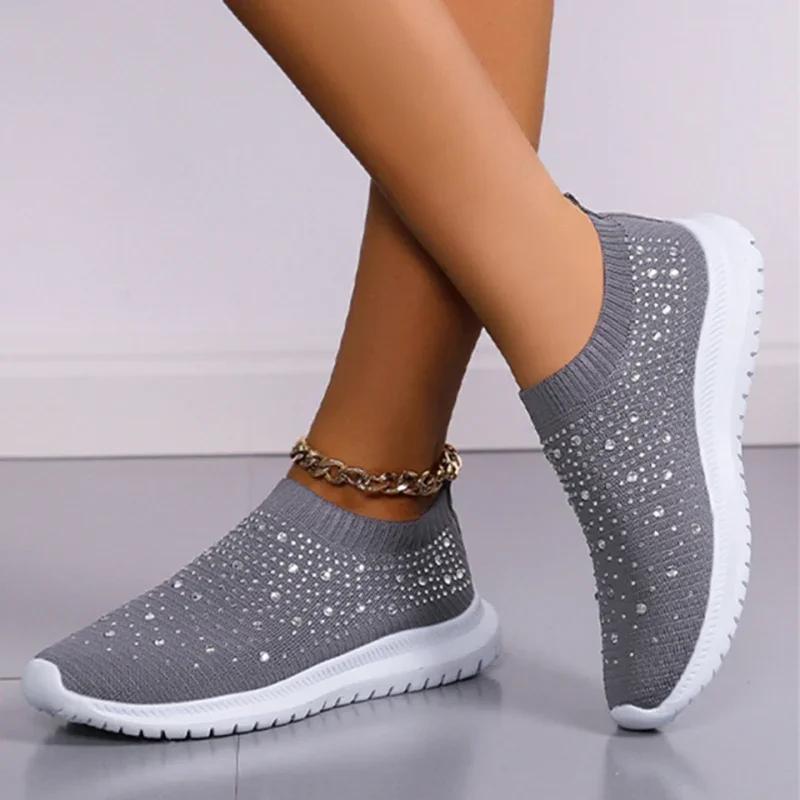 Fashion New Shining Crystal Flats Women Spring Breathable Knit Platform Sneakers Woman Comfortable Soft Bottom Non-slip Sports Shoes