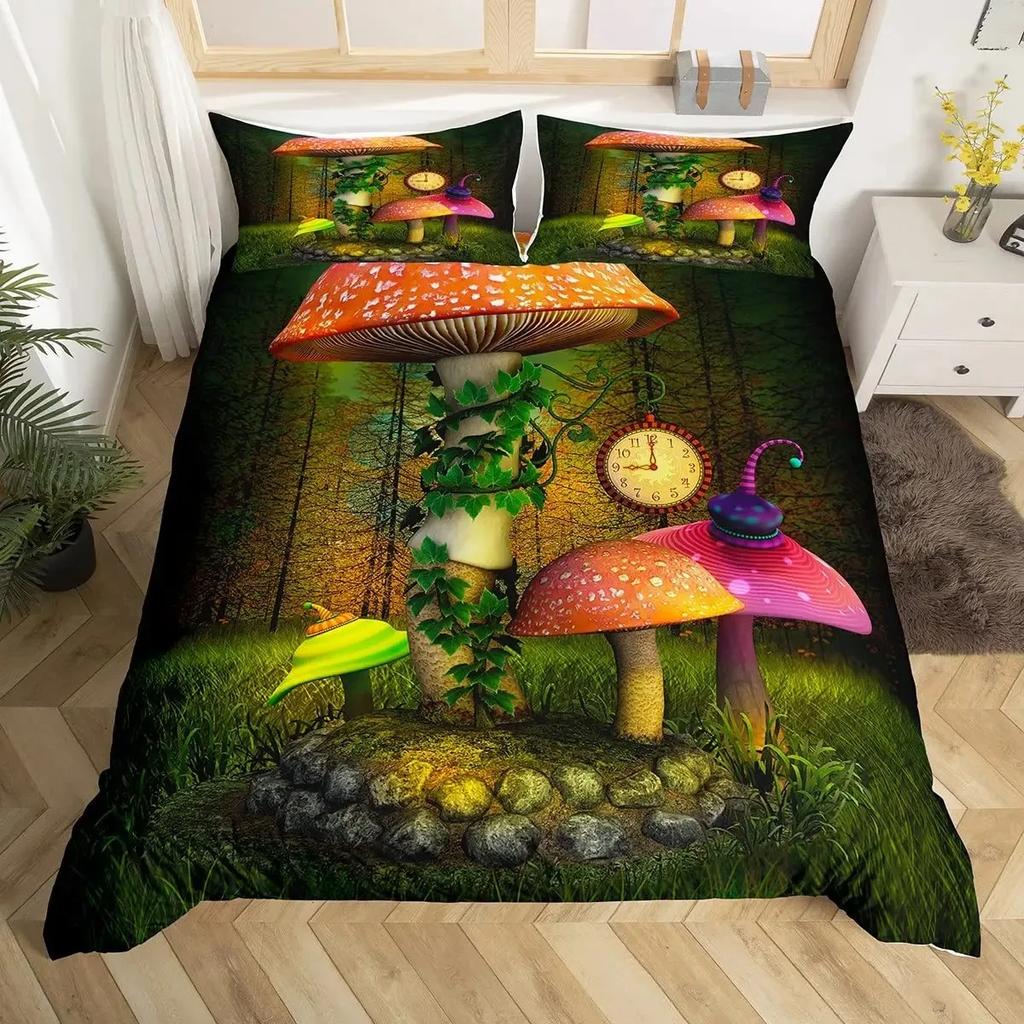 Funda nórdica de bosque de hadas y setas, juego de cama de planta de hongo de dibujos animados liliputiense mágico, funda de edredón de poliéster de jardín de fantasía