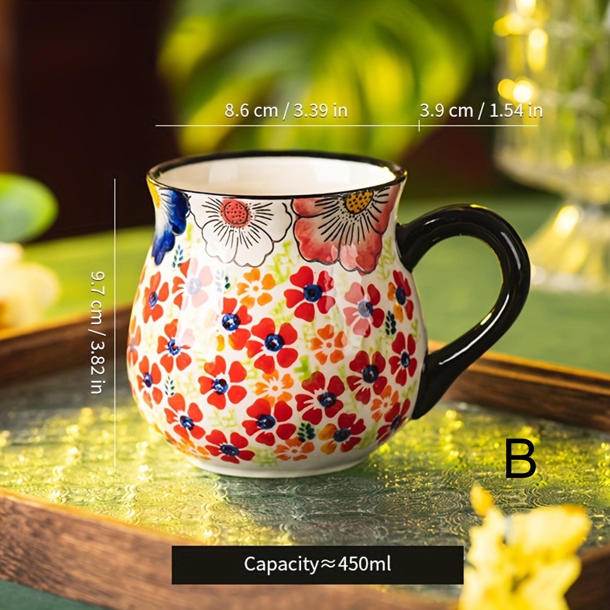 Polish pottery style wide-mouth ceramic mug, hand-painted floral pattern mug, large-capacity coffee, tea and milk mug 450ml