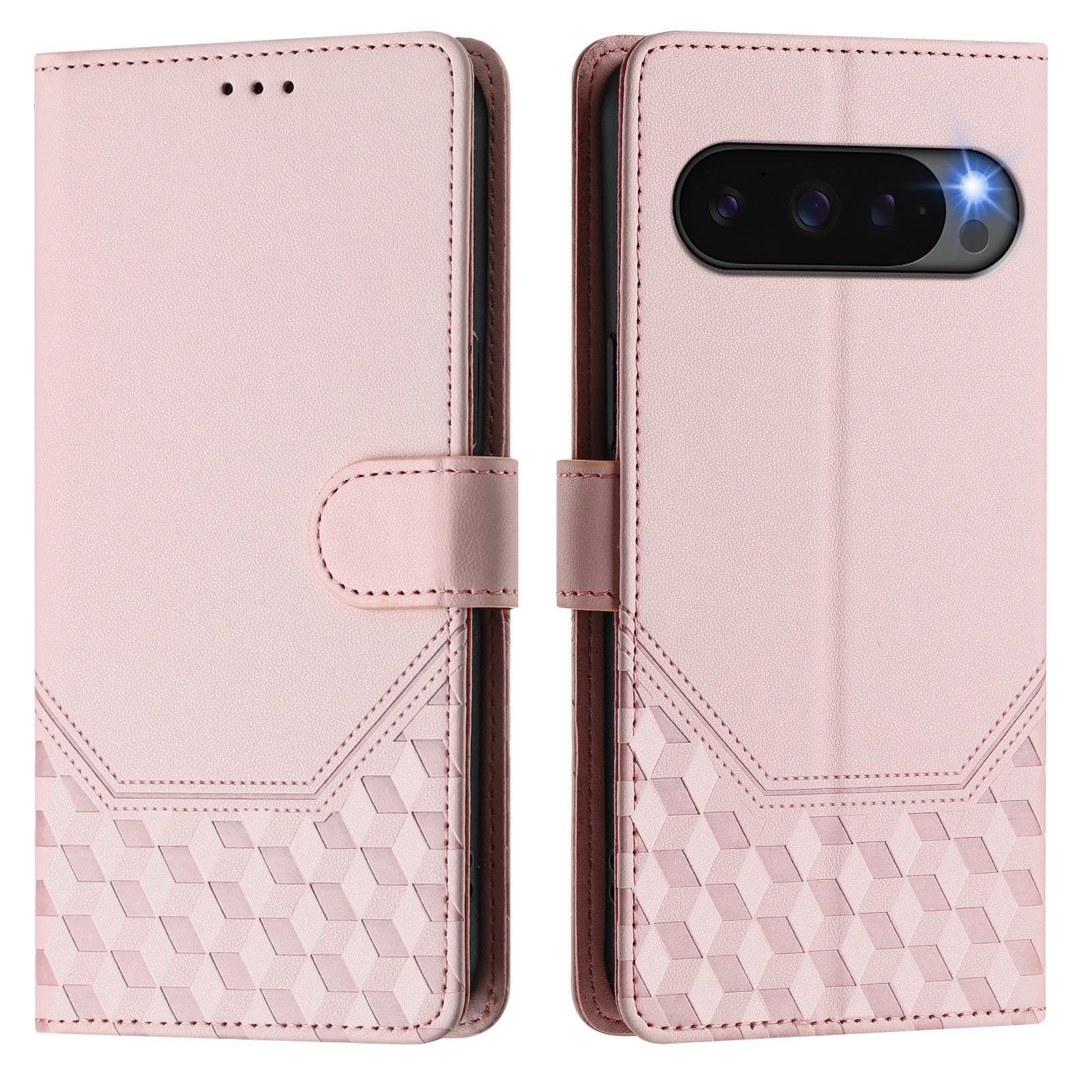 

For Google Pixel 10 Pro/Google Pixel 10 Case Imprinted Honeycomb RFID Blocking Leather Phone Cover with Strap Pink