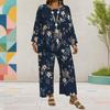 Damen Übergröße Bedrucktes Rundhals Langarm Lagen-Oberteil Weit geschnittene Cropped Hose Zweiteiliges Set