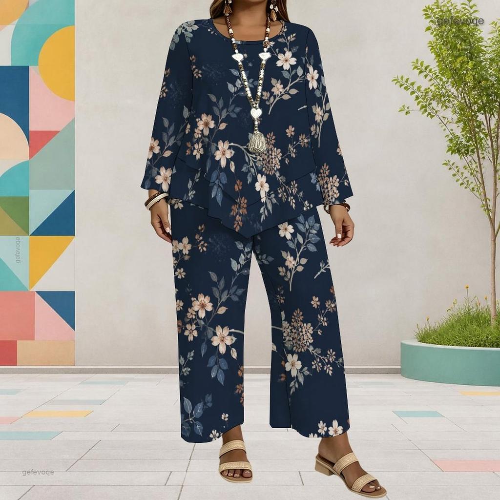Damen Übergröße Bedrucktes Rundhals Langarm Lagen-Oberteil Weit geschnittene Cropped Hose Zweiteiliges Set