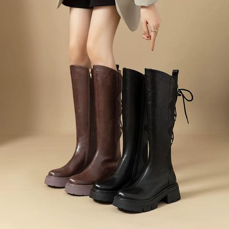 Design Sense Leather Round Toe Platform Knight Boots Women'S Vintage Rear Lace-Up Thick High Heel Thigh Boots