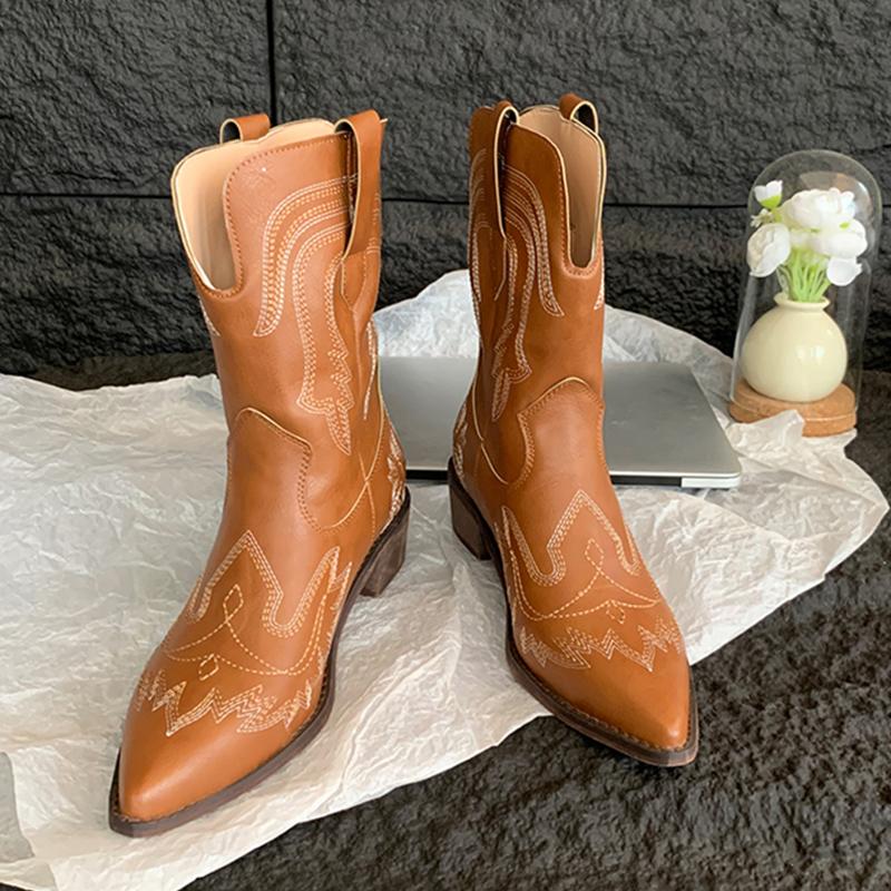

мода осень зима 2024 ковбойские сапоги в стиле вестерн женские сапоги с вышивкой мотоциклетные сапоги из искусственной кожи до середины голени 35-40 35 коричневый