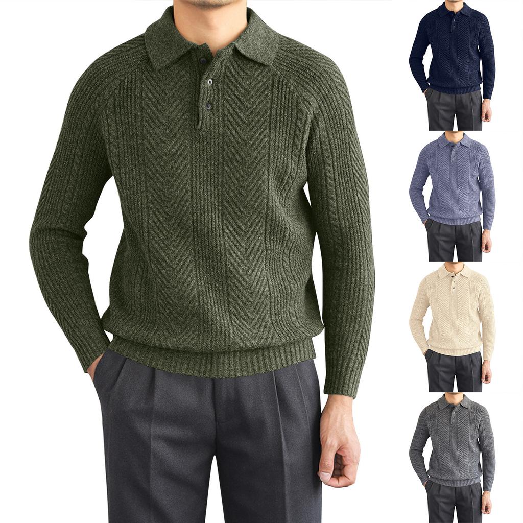 Men's Solid Color Knitted Buttons Lapel Long Sleeve Top Men's Casual Fashion Long Sleeve Top