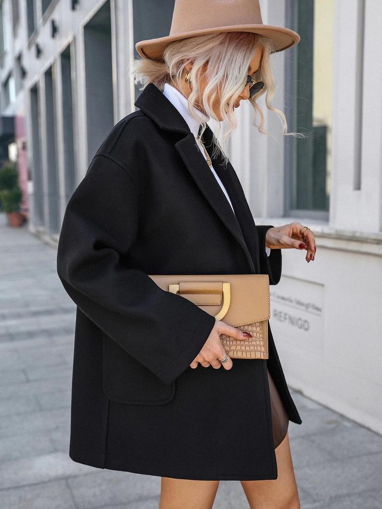 Women's Autumn Wool Overcoat with Turn-Down Collar and Drop Shoulder Design