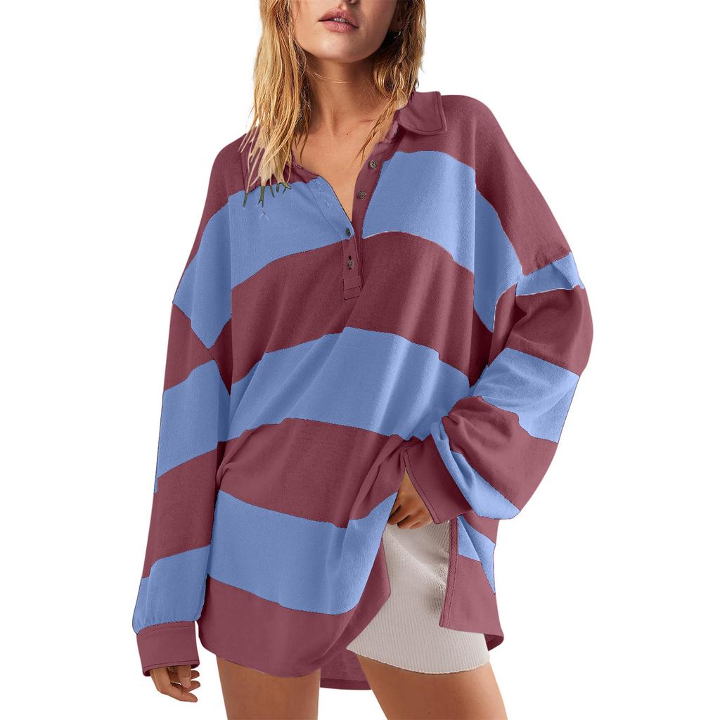 Women's Fashionable Striped Lapel Long Sleeved Sports Casual Pullover Sweatshirt Top