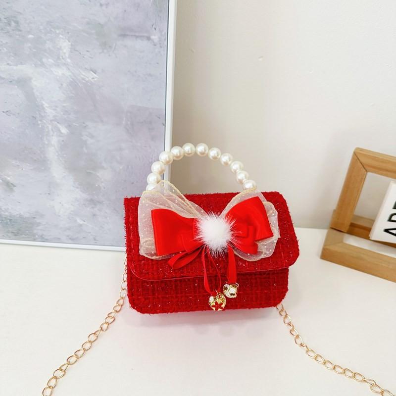 Red Cute Delightful Bowknot Childrens Handbag With Trendy Chain And Handle Pearl