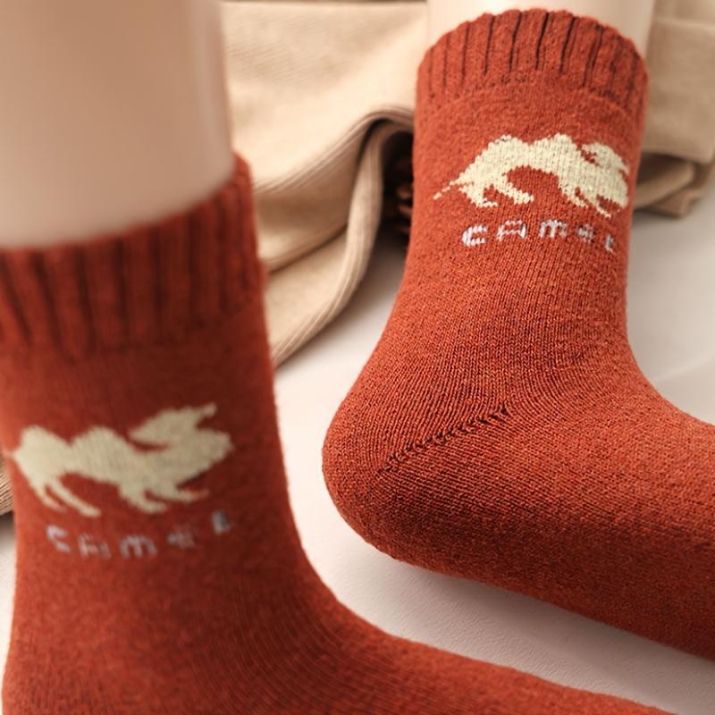 5 Pairs Winter Camel Cartoon Pattern Mid-Calf Thick Fleece-Lined Warm Polyester Spandex Knit Socks for Women