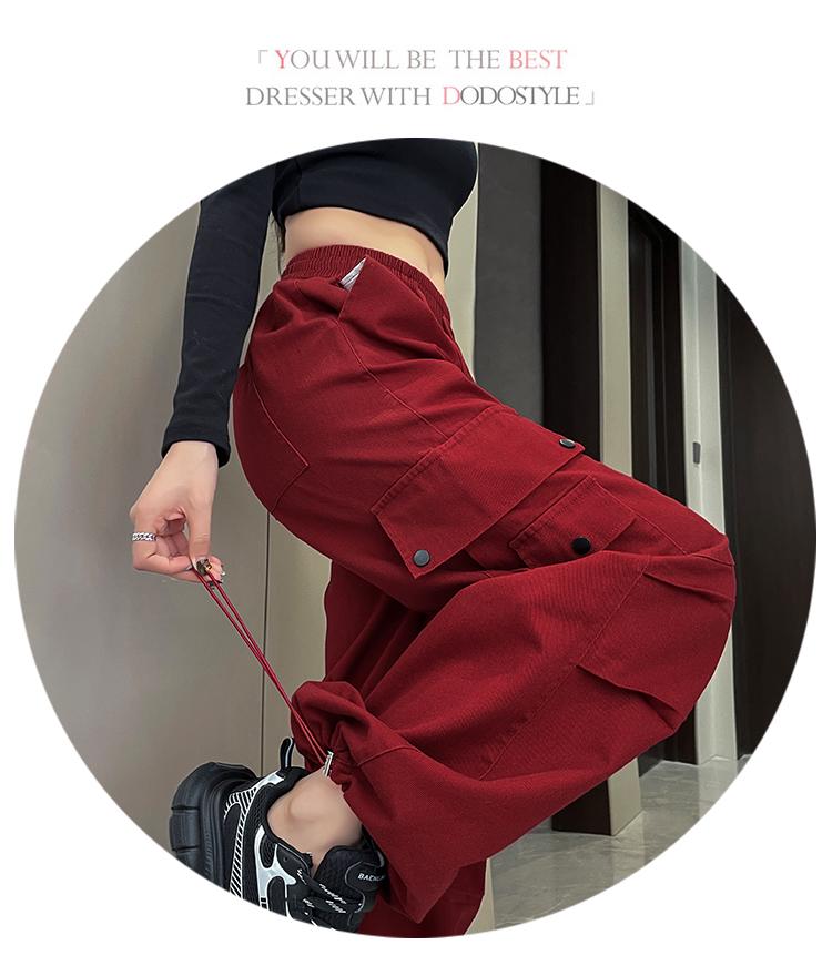 Damen High-Waist Retro Washed Baumwolle Cargohose, Lockeres Gerades Bein, Bodenlang, Aufgeschlagener Weiter Beinabschluss, Frühling Schlankmachender Stil.