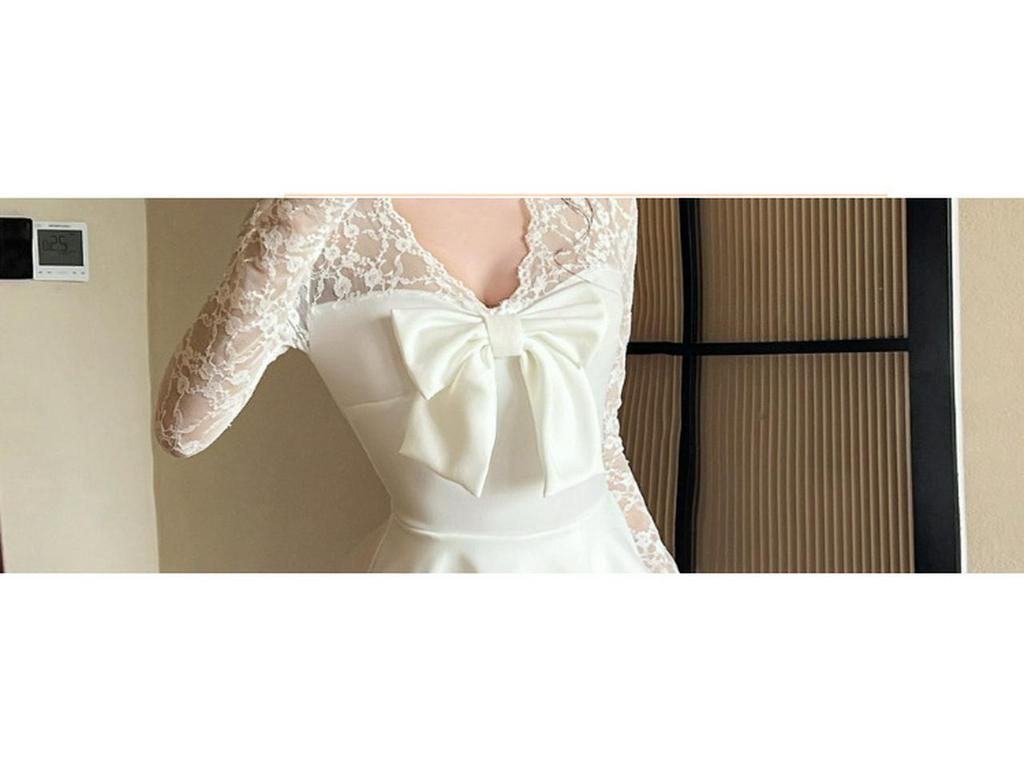 Elegantes Spitzen-V-Ausschnitt-Bodycon-Kleid mit Schleife und Figurschmeichelnden Langen Ärmeln