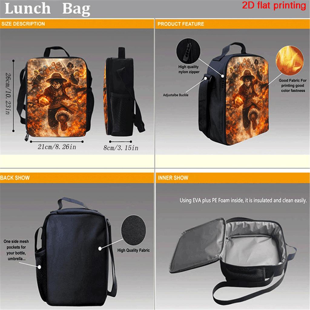 Insulated One Piece Anime Lunch Bag, Lightweight Durable Thermal Cooler Bag for Boys Girls Age 6-10, Ideal for School & Camping