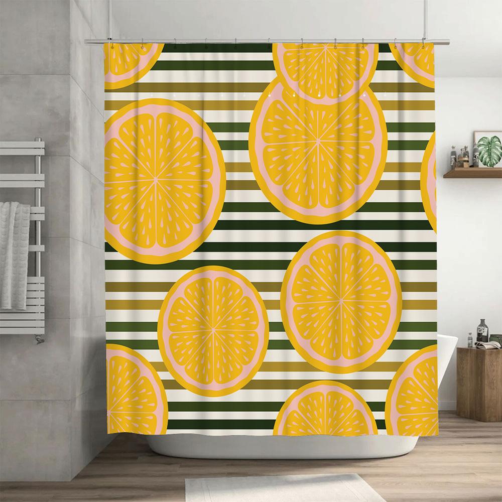 Bright Orange Slice Shower Curtain Waterproof Bathroom Decor Striped Pattern Home Accessories Tiled Washcloth Set
