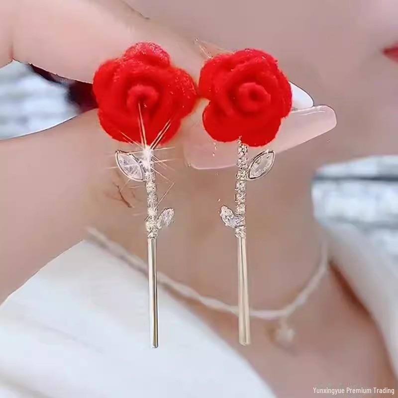 

Червоні оксамитові сережки з ретро-квітковим принтом з перловою підвіскою та розкішним бантом для нареченої та весільної сукні для тосту