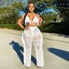 Halter Neck Top with Tassel Pants 2 Pcs/Set Women Crop Set Hollow Out Lace-up Summer Outfit Beach Vacation Bra High Waist Ripped Knitted Trousers And