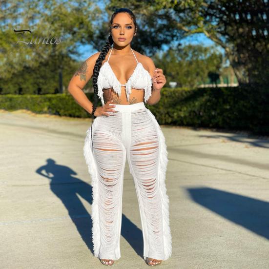 Halter Neck Top with Tassel Pants 2 Pcs/Set Women Crop Set Hollow Out Lace-up Summer Outfit Beach Vacation Bra High Waist Ripped Knitted Trousers And