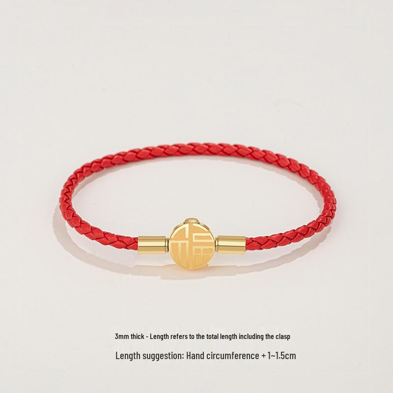 Fu Brand Leather Bracelet with Gold Buckle and Lucky Beads for Men, Women, Couples