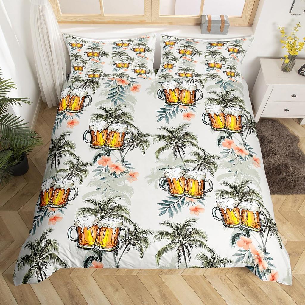 Beer Duvet Cover Set Two Beer Mugs White Foam Bedding Set 3pcs for Kids Golden Drinks Comforter Cover Soft Polyester Quilt Cover