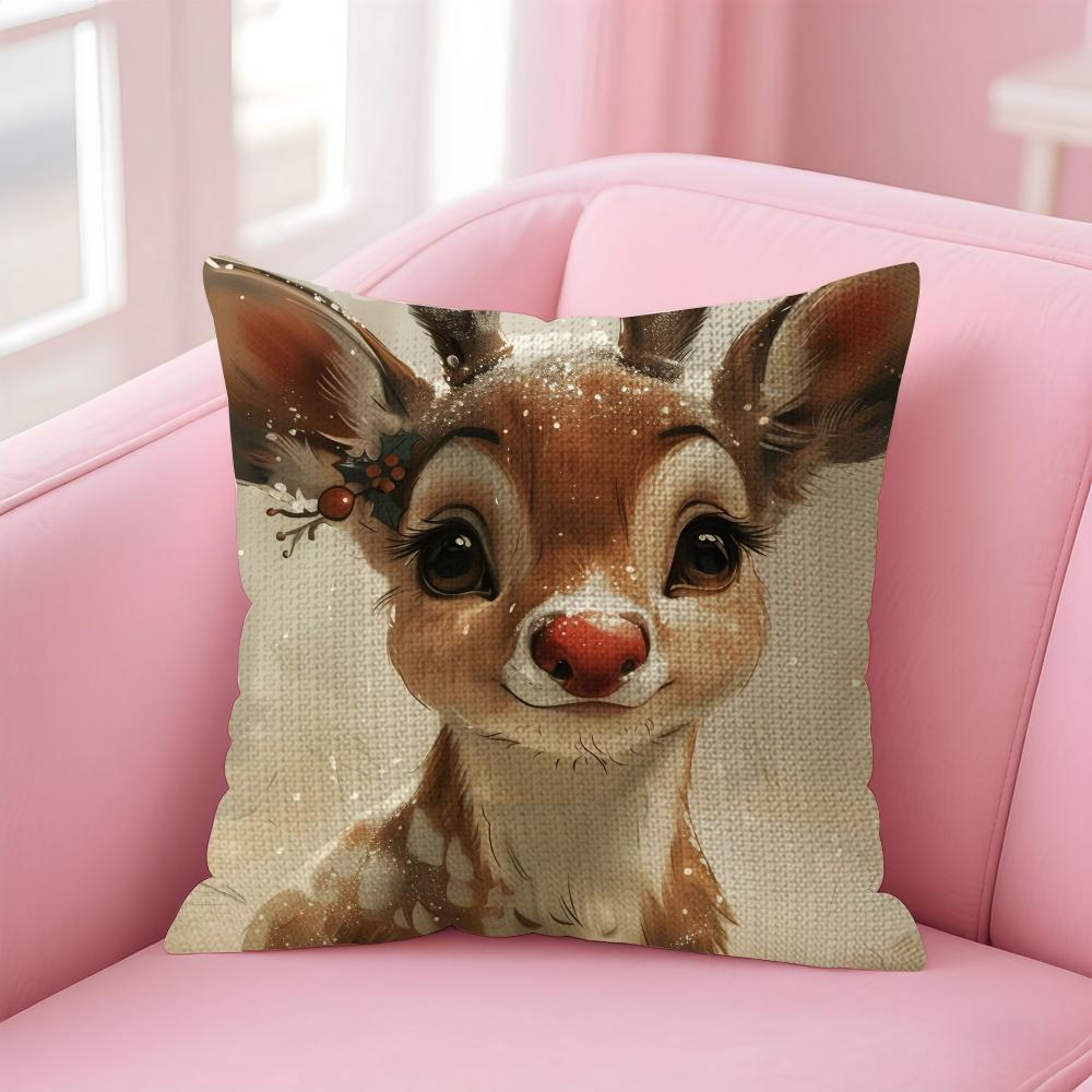 Reindeer Christmas Cute Cushion Cover Natural Linen Pillow Case DoubleSided Print Decorative Sofa Pillowcase Home Decor Gift