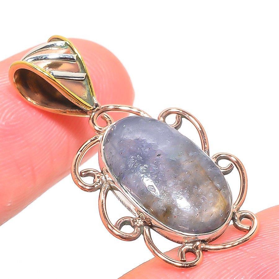 Natural Iolite Gemstone Two Tone 925 Solid Sterling Silver Pendant 1.40'' N7f89