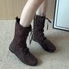 Fashion Low Heel Single Boots Autumn New Round Toe Spliced Front Lace-Up Side Zipper Anti-Slip Wear-Resistant Mid-Tumble Boots