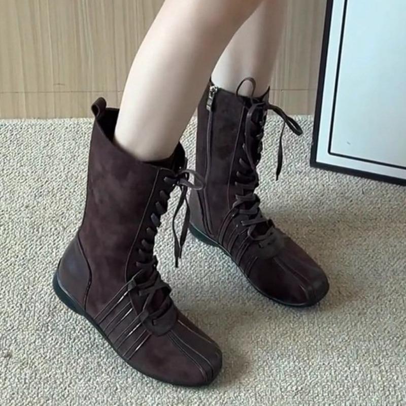 Fashion Low Heel Single Boots Autumn New Round Toe Spliced Front Lace-Up Side Zipper Anti-Slip Wear-Resistant Mid-Tumble Boots