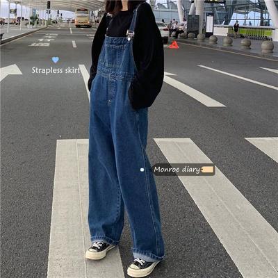 Version Coréenne Réduisant l'Âge Ample Cool Série Sel Printemps et Automne Salopette en Denim Jambe Large Rétro Femme Été Mince Salopette à Bretelles Pantalon