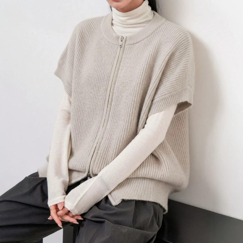 Western Style Double Zipper Knit Vest Women Loose Elegant Cardigan