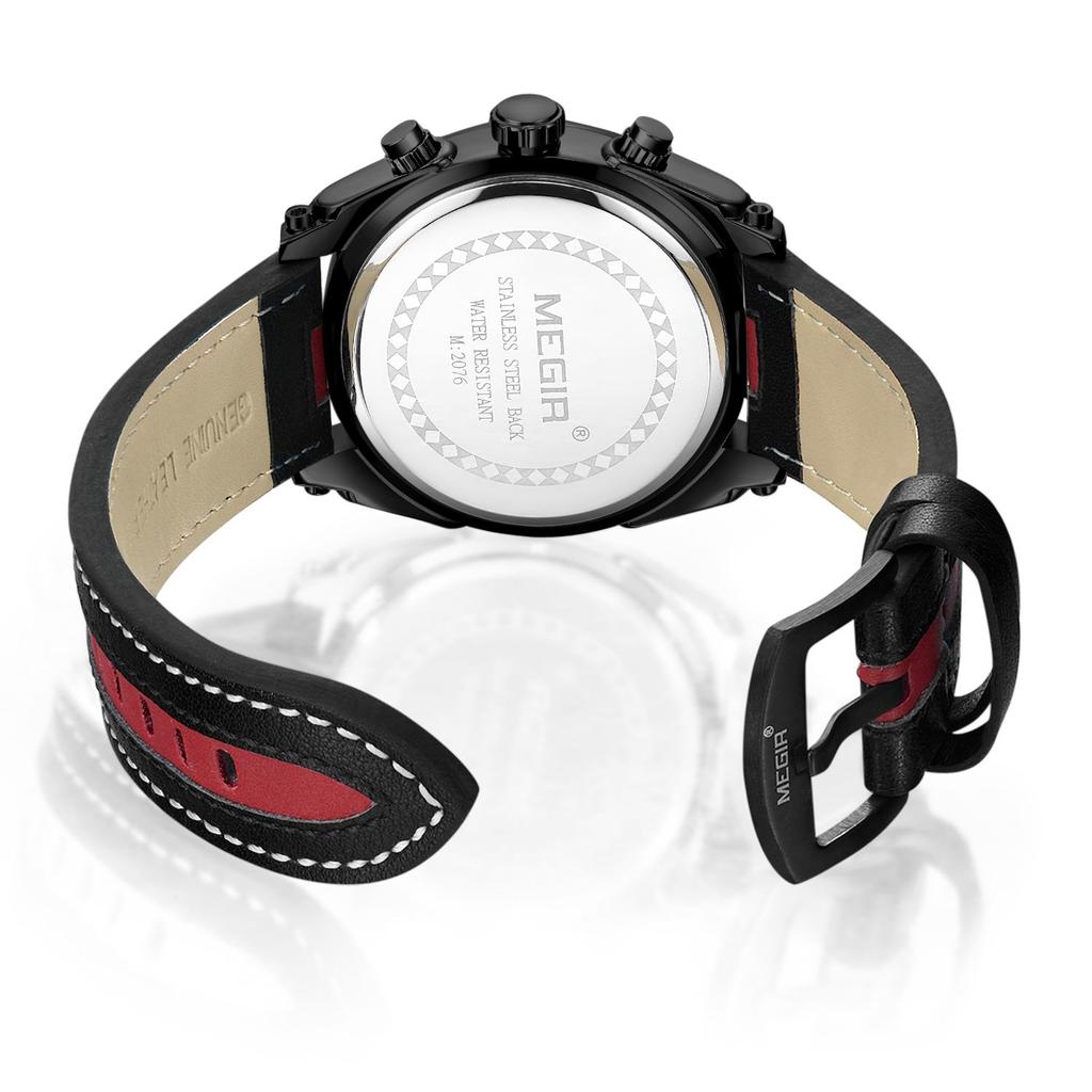 Megir Chronograf Sportovní hodinky Muži Quartz Náramkové hodinky Hodiny Móda Kožené Armádní Hodinky Hodina Čas Relogio Masculino