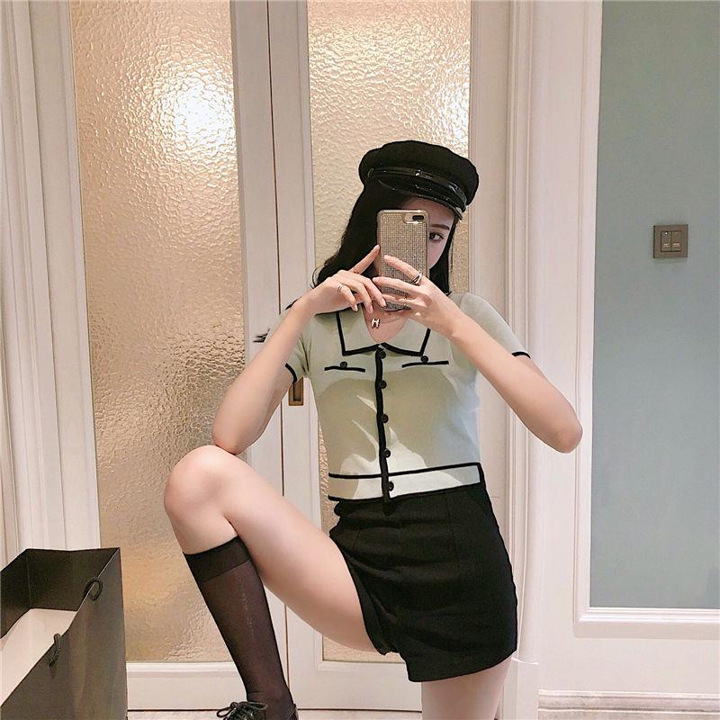 Summer Retro Color Block Knit Top with Turn-Down Collar - Slim Fit Ice Silk Short Sleeve Crop T-Shirt
