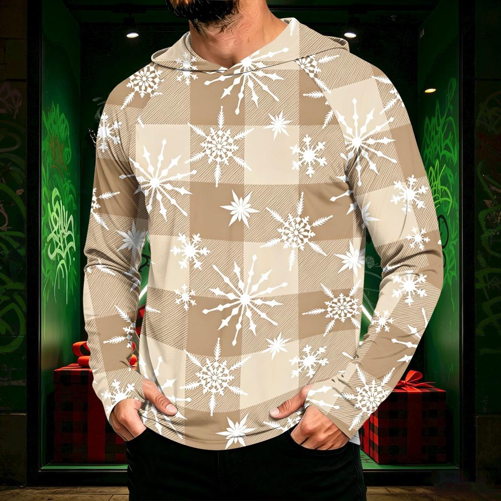 Men's Long Sleeve Hooded Sun Shirt with Christmas Print for Casual Daily Wear