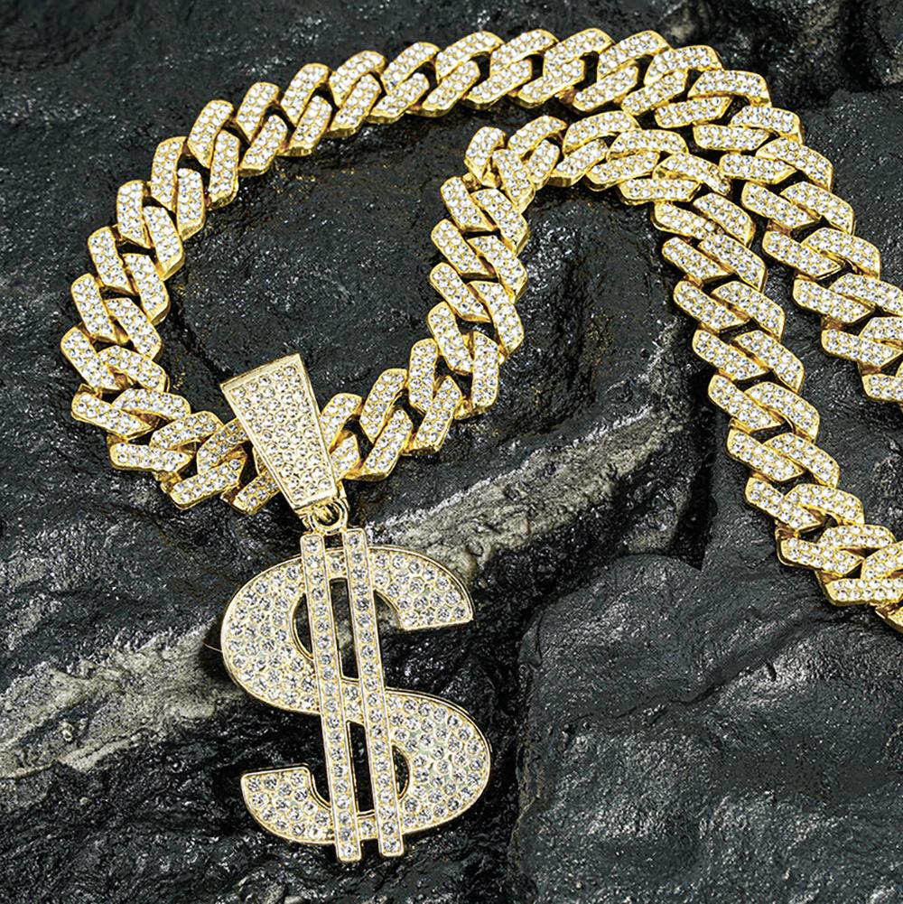 European and American Hip-hop Diamond-encrusted Personality Light Luxury High-end Sense Dollar Pendant Necklace Cuban Chain Fashion Jewelry