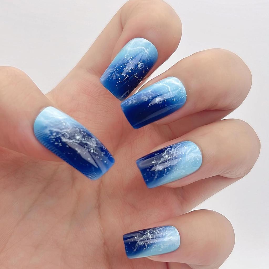 Press On Nails High Fashion Deep Sea Waves Blue Painted Short Medium Square Wearable Nails 12 Sizes - 24 Pcs Gel False Nail Set