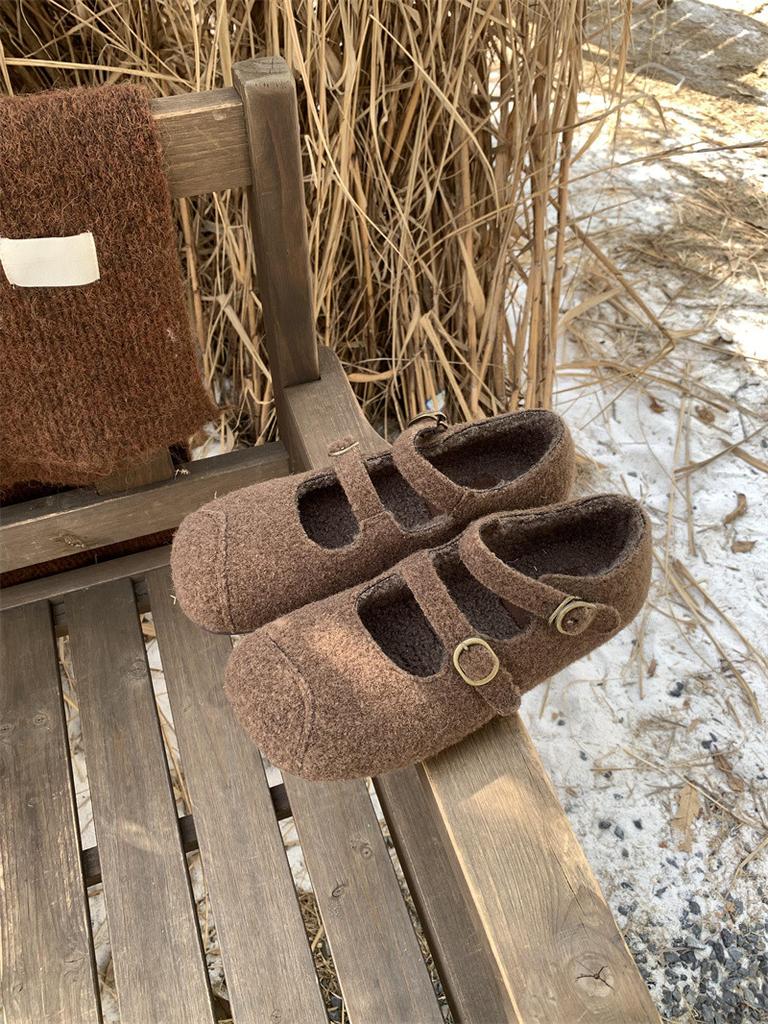 Fashion IPPEUM Women Mary Janes Shoes Winter Ballet Flats Plush Buckle Ballerinas Zapatos Mujer