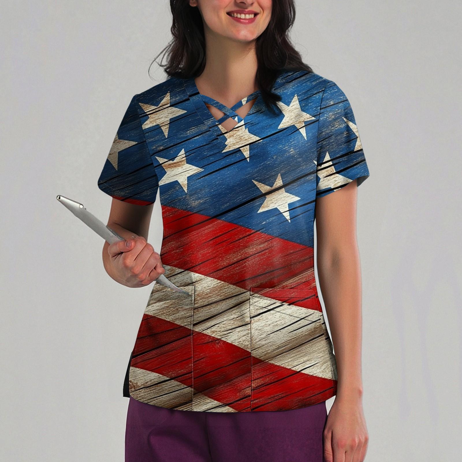 

Women s Loose Independence Day Printed Top Short Sleeve T-shirt Pullover XL винний