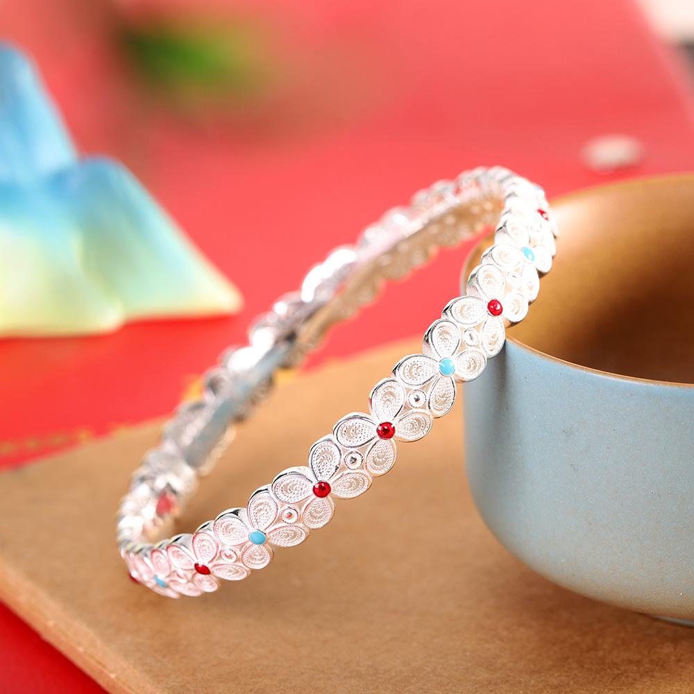 

Филигранная перегородчатая эмаль Женский браслет-манжета из стерлингового серебра - Ручная работа Серебро 999 пробы