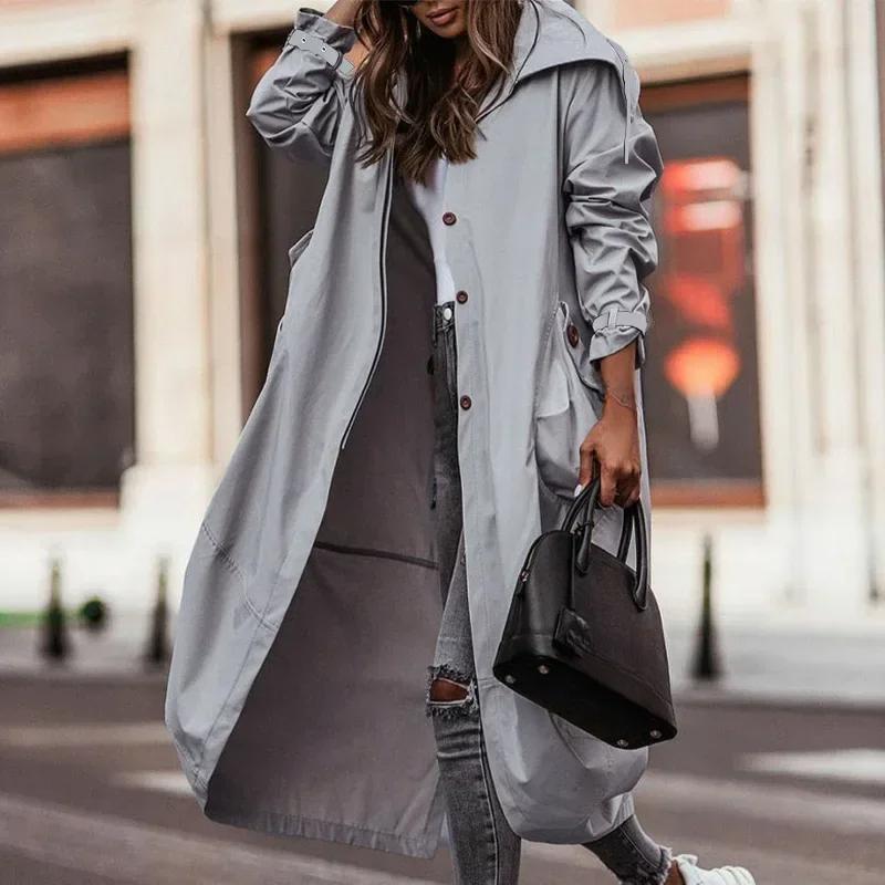 Single-Breasted Trench Coat Women Streetwear Overcoats Jackets Outwear Pocket Hooded Autumn Long Coats Trench