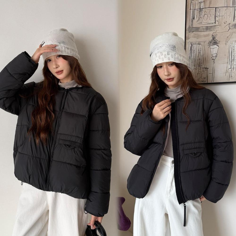 Korean Winter Short Puffer Coat for Women Round Neck Casual Loose Fit Petite Commuter Outerwear