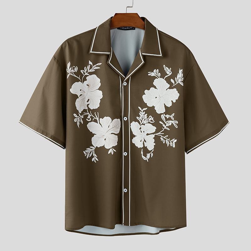 INCERUN Men Lapel Short Sleeve Floral Print Casual Oversized Shirts