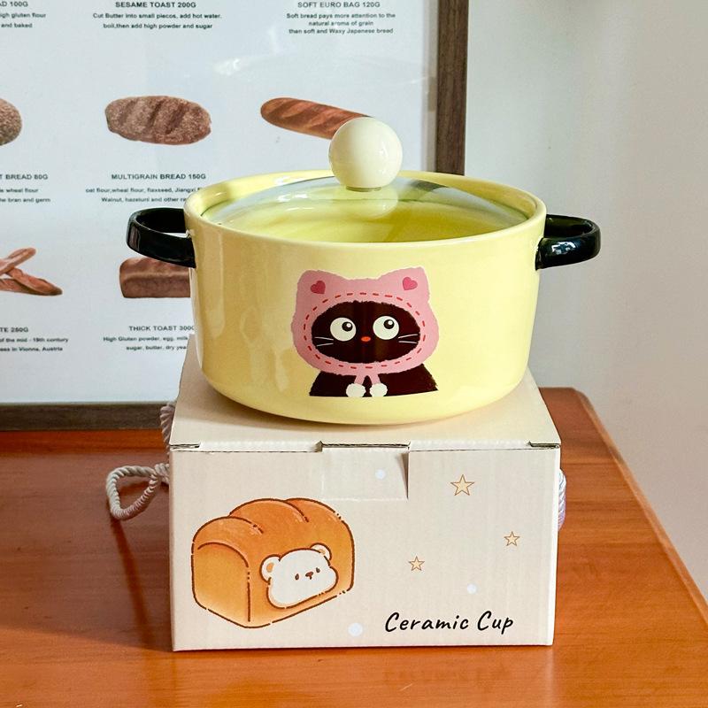 Cute cat ceramic instant noodle bowl with lid student dormitory instant noodle bowl large capacity snail powder personal special bowl