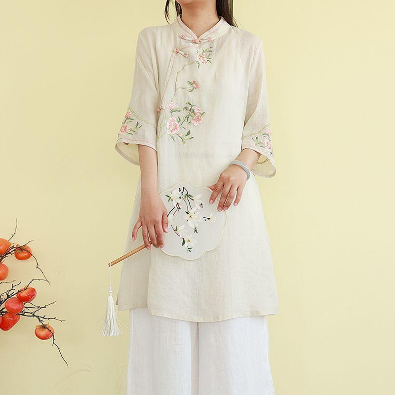 Zen-style Frog Button Retro Shirt Spring/summer Mid-length Embroidered Ethnic Style Three-quarter Sleeve Stand Collar Top for Women