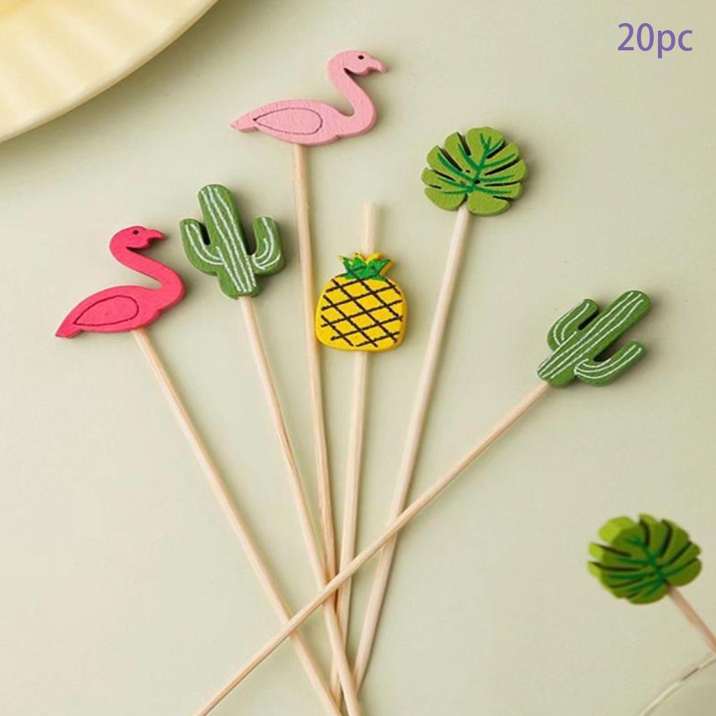 20pcs/set Hawaii Theme Fruit Sticks Flamingo Fruit Disposable Bamboo Sticks Summer Beach Party Supplies Hawaii Birthday Decors