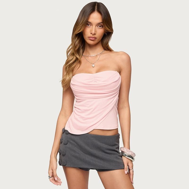women s Draped Layered Strapless Tube Top Slim Fit Solid Color Y2K Crop Cami Top S розовый